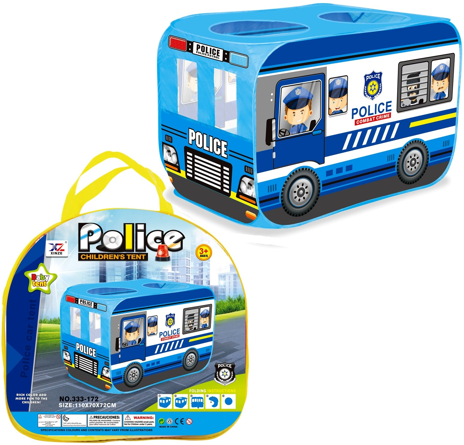 Детска палатка полицейски бус, саморазгъваща се, 110х70х72см
