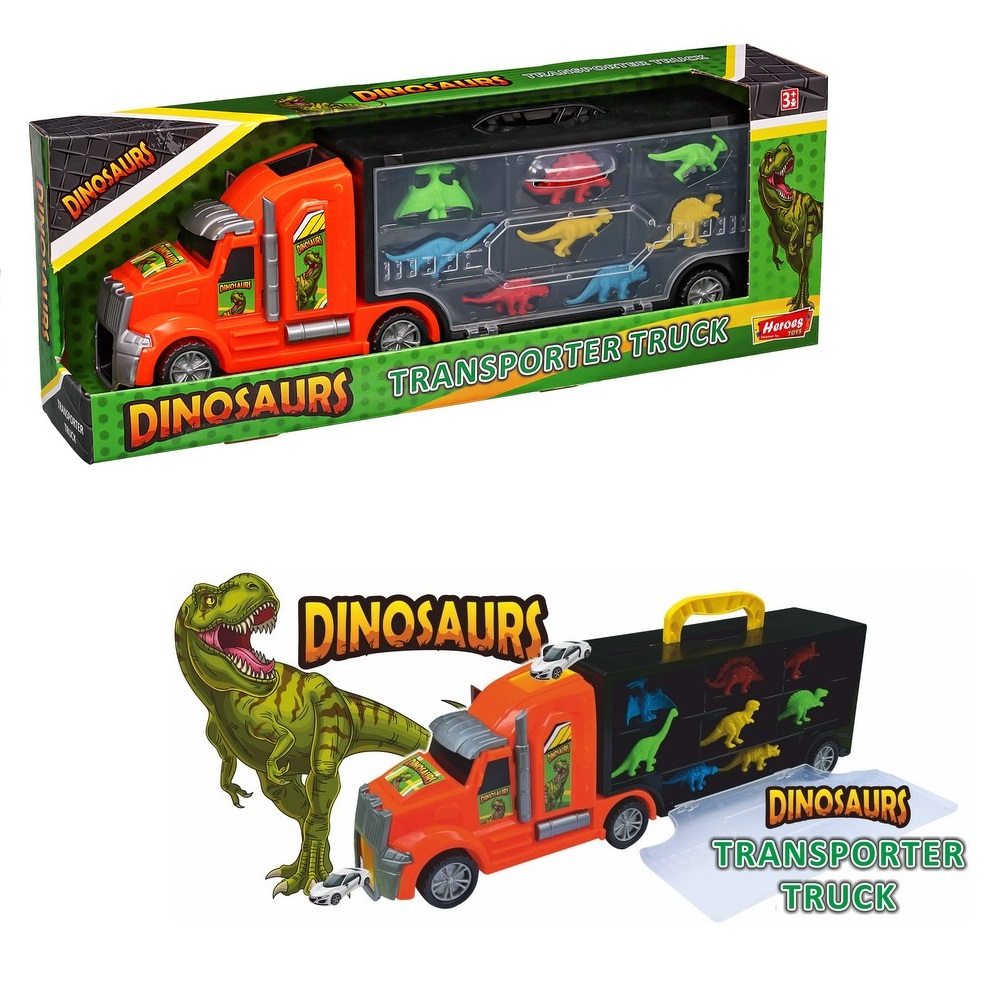 Камион куфарче с писта, транспортиращ динозаври