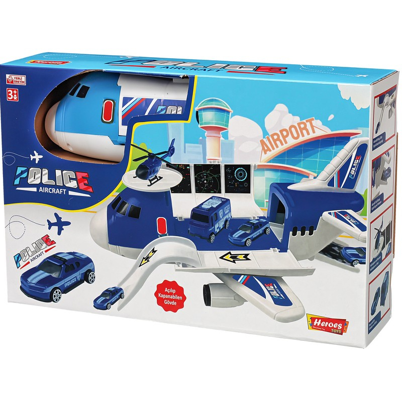 Голям полицейски транспортен самолет с писта и колички