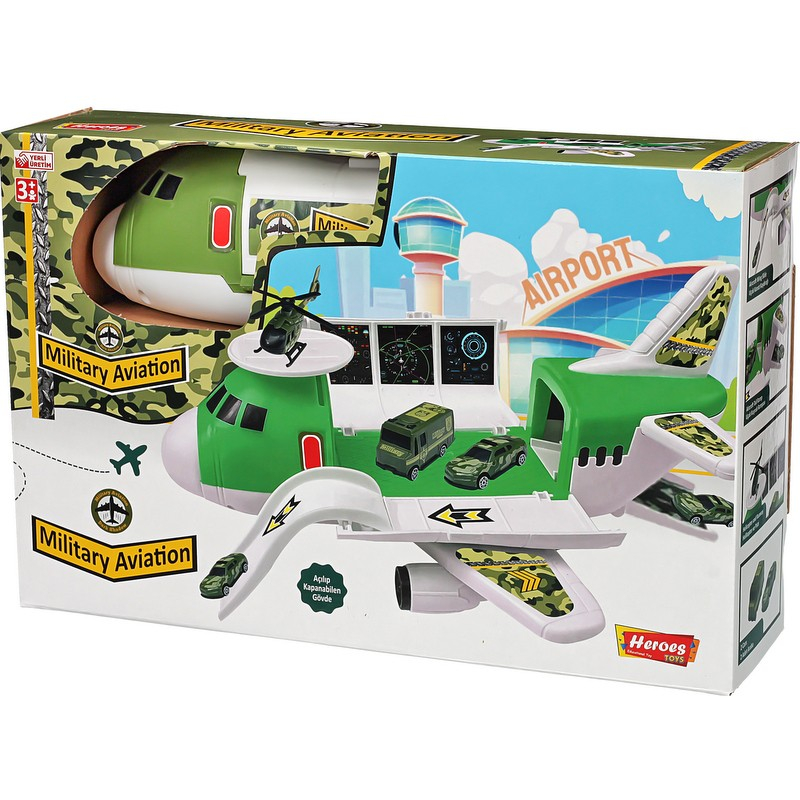 Голям военен транспортен самолет с писта и колички