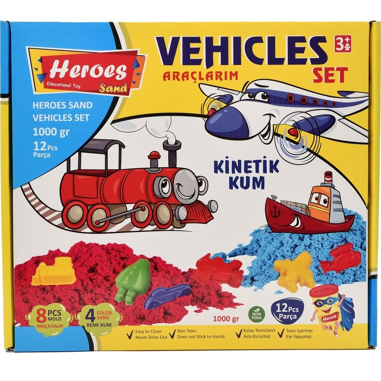 Кинетичен пясък 1 кг., осем формички с превозни средства, четири цвята