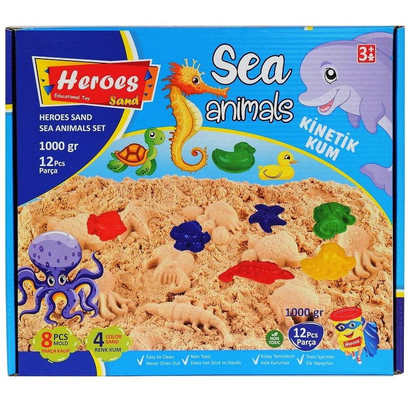 Кинетичен пясък 1 кг., осем формички с морски животни, четири цвята