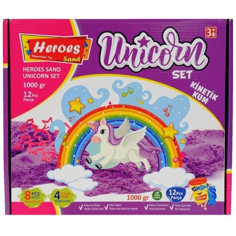 Кинетичен пясък 1 кг., Еднорог, осем формички, четири цвята