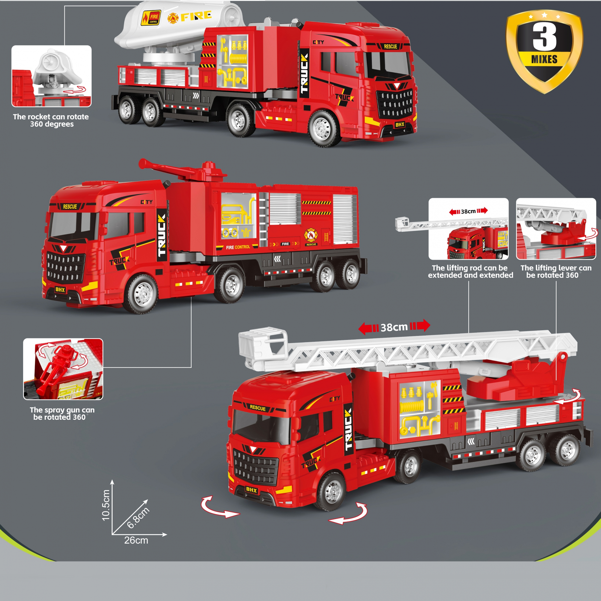 Инерционен пожарникарски камион, гурмирани колела, 30см., три вида