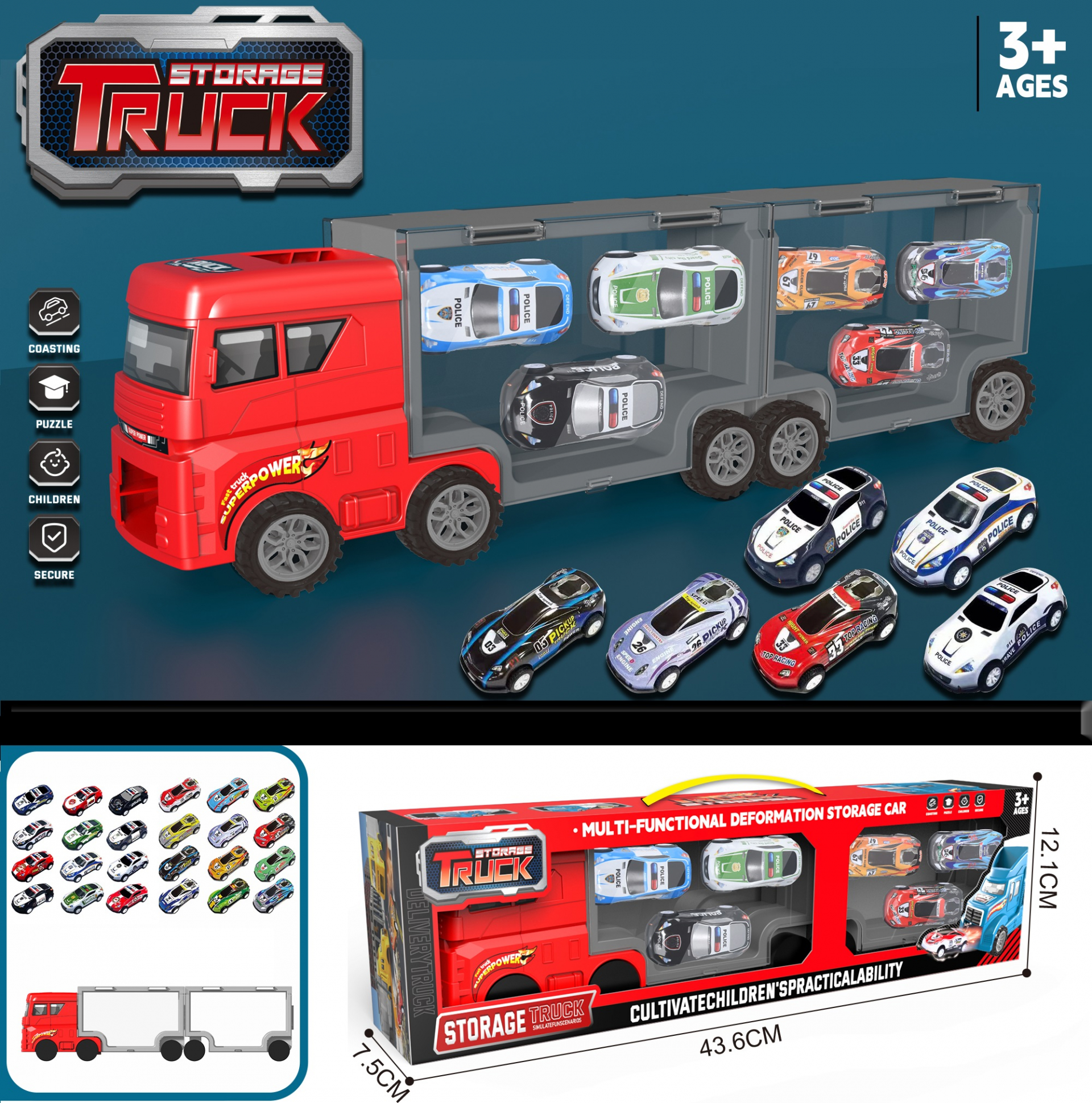 Детски камион, двоен куфар с шест метални колички и писта