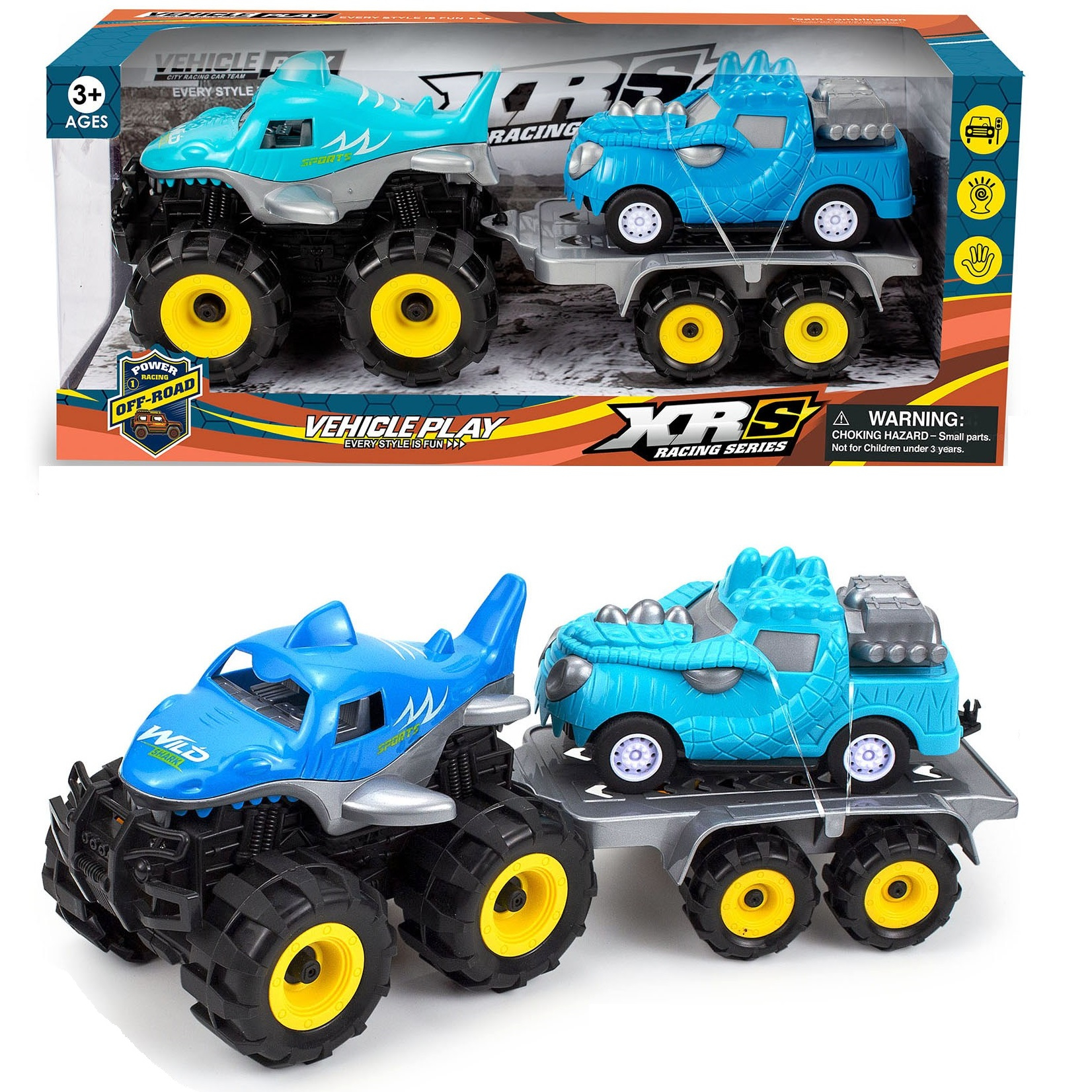 Чудовищен джип Акула с платформа превозващ кола Динозавър