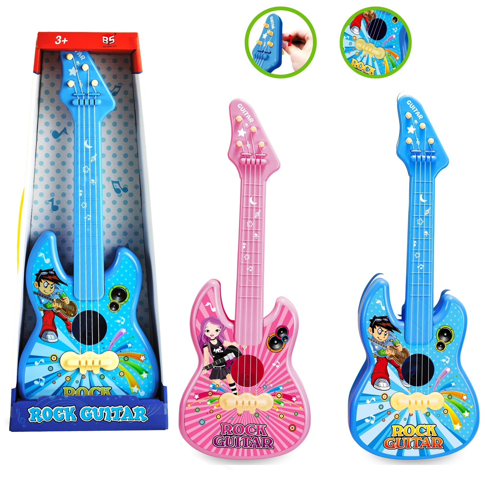 Детска рок китара с весели картинки, два цвята
