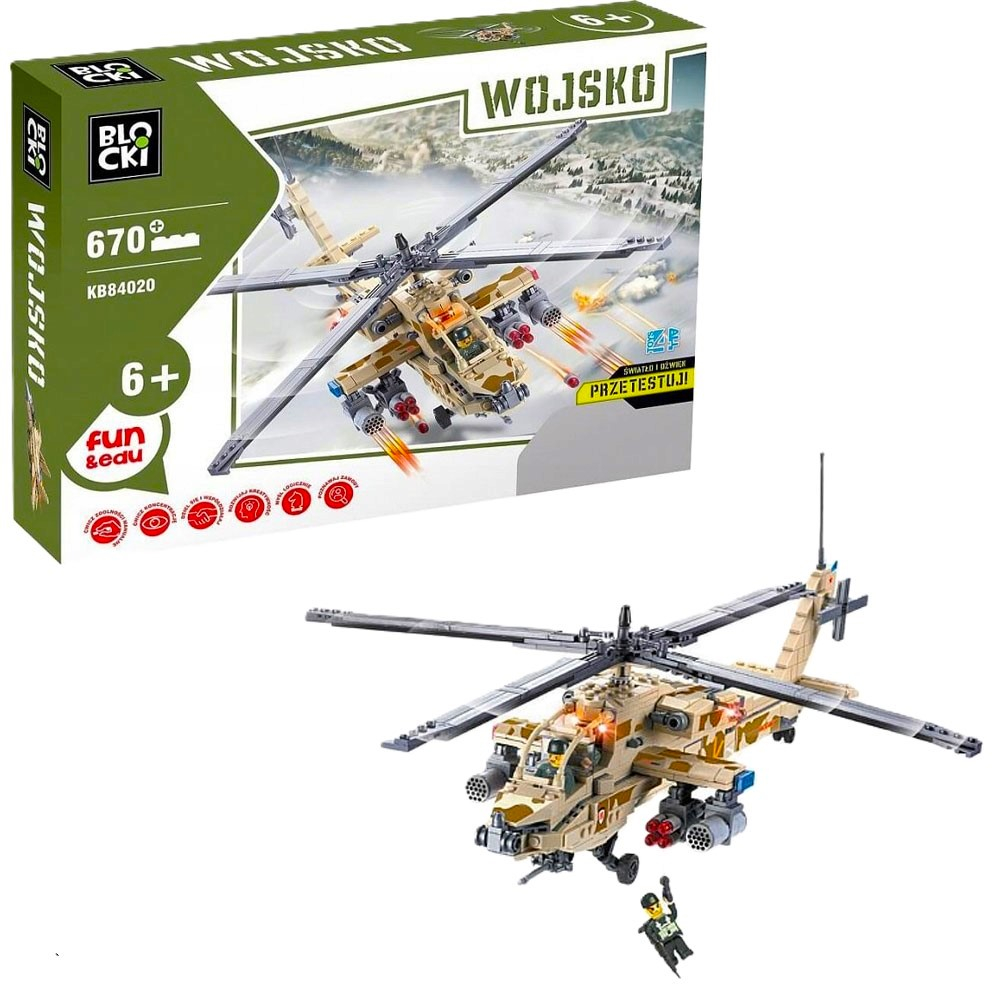 МЕГА ГОЛЯМ конструктор военен боен хеликоптер със звук и светлина 670 елемента Klocki Blocki съвместими с Лего тухлички
