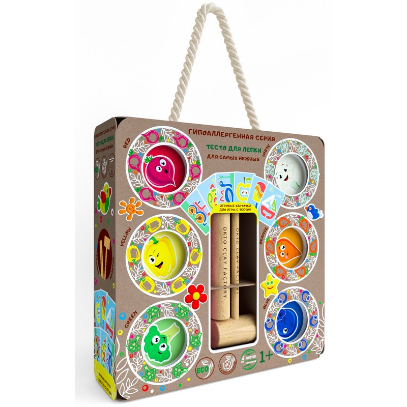 Еко хипоалергенен пластелин 6 цвята в кофички за деца над 1 година с карти за игра и дървени инструменти
