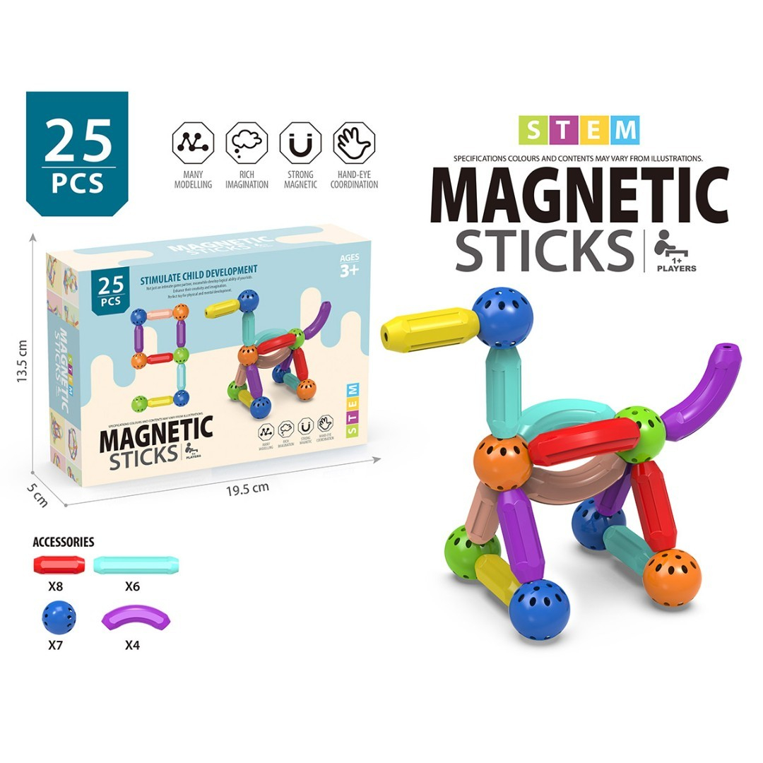 Магнитен конструктор с топчета и пръчки, 25 части, Magnetic Sticks