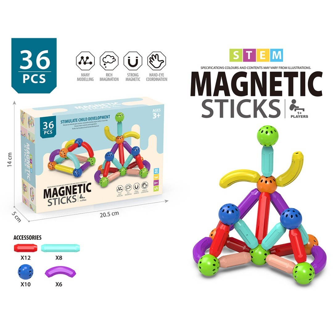 Магнитен конструктор с топчета и пръчки, 36 части, Magnetic Sticks