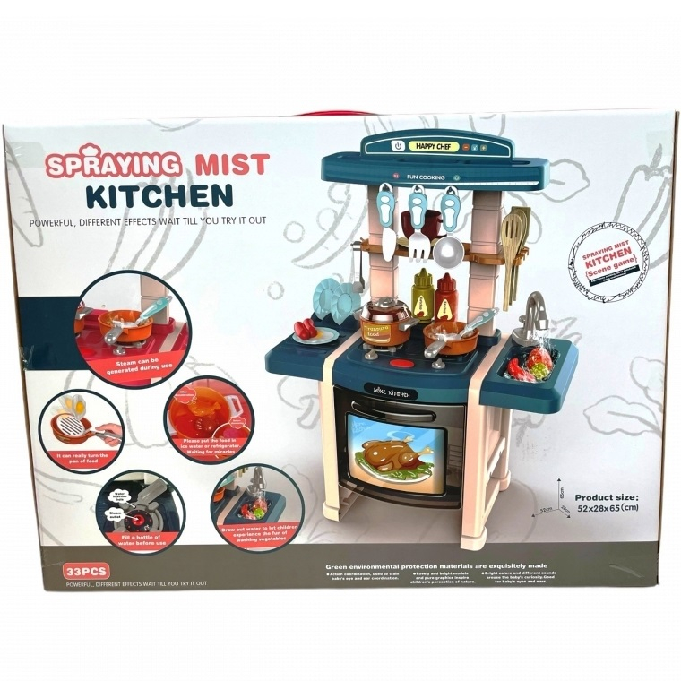 Детска кухня с котлони, мивка с течаща вода, аксесоари, звук и светлини, Синя