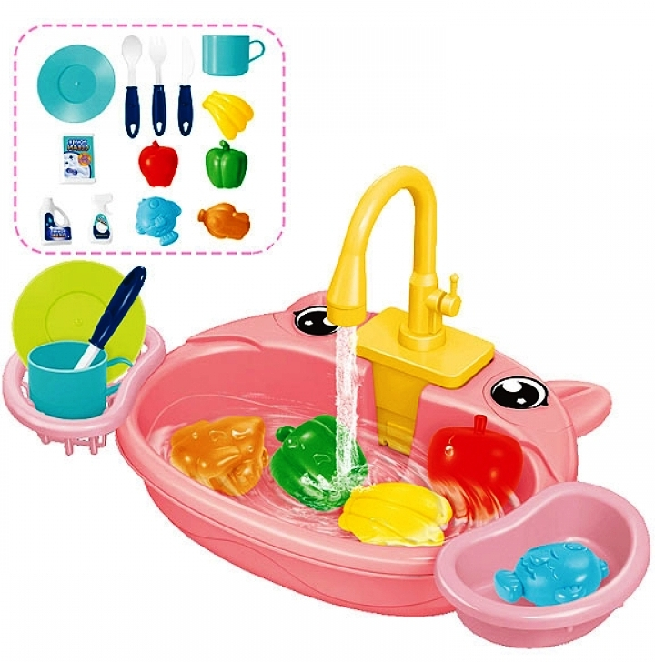 Мивка с очички, течаща вода, прибори и хранителни продукти, Розова