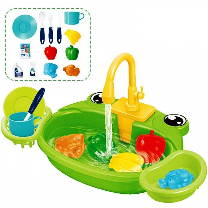 Мивка с очички, течаща вода, прибори и хранителни продукти, Зелена