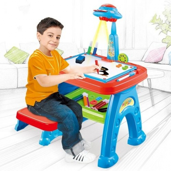 Детски чин със стол и проектор за рисуване 4 в 1 с магнитна дъска, настолна лампа