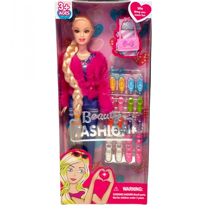 Красива кукла с дълга плитка , късо палто и аксесоари