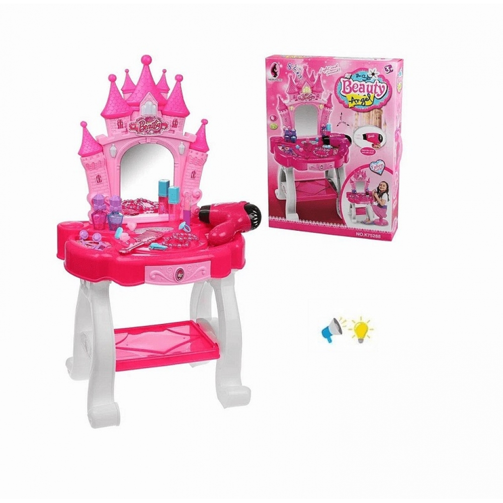 Фризьорски център с аксесоари Замък с работещ сешоар, звук и светлини в розово