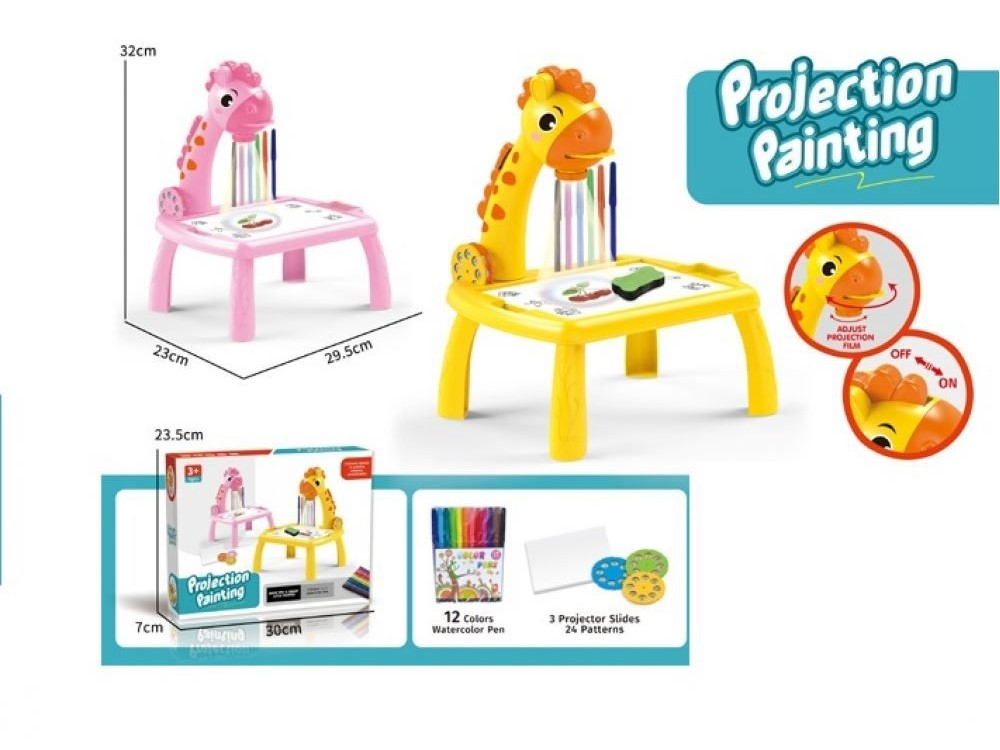 Дъска за рисуване и проектор Жираф с флумастери и бели листове, Светлини