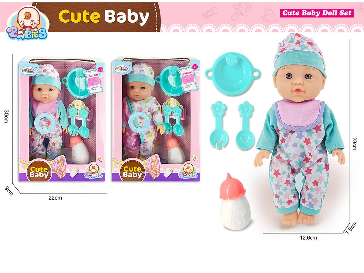 Пикаещо бебе с комплект за хранене в синьо-зеленикав цвят и звук