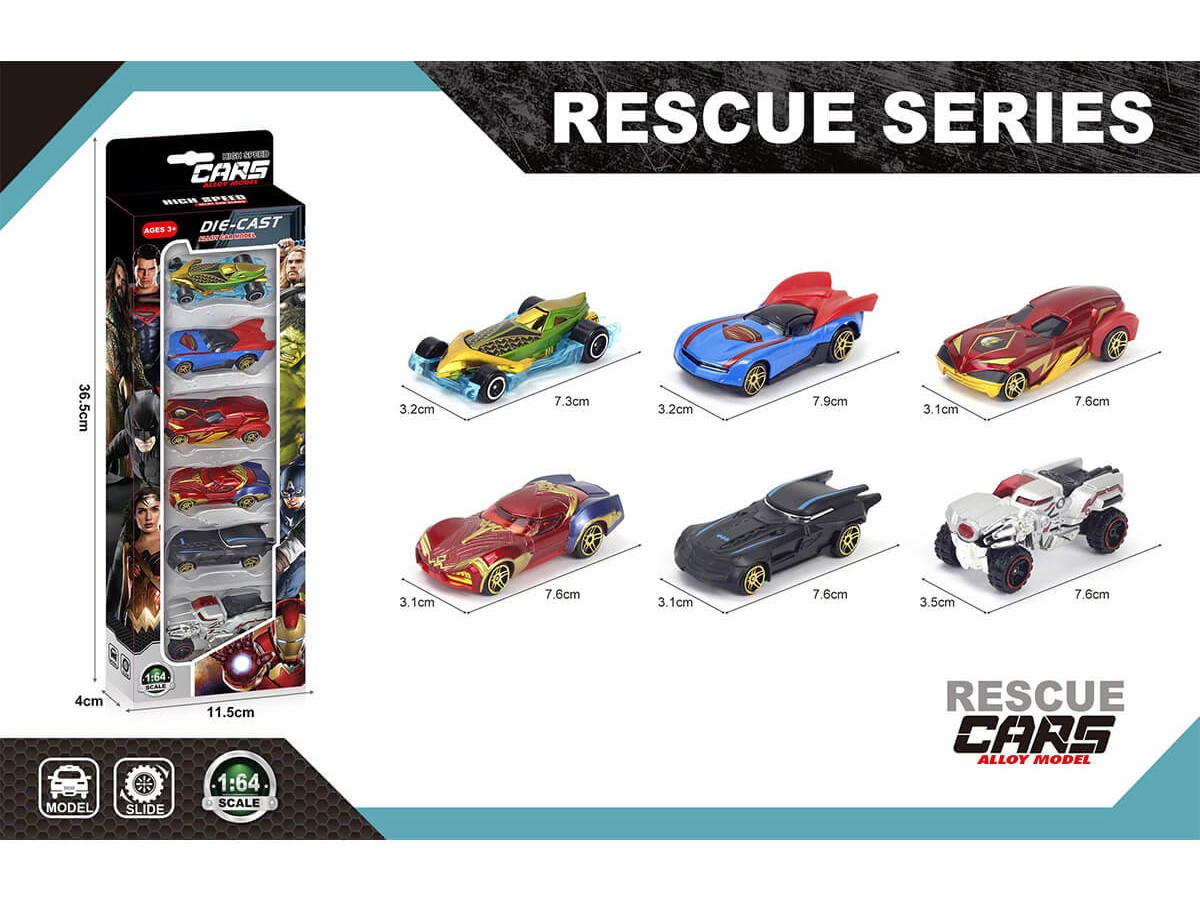 Комплект от 6 броя метални колички на супергерои в мащаб 1:64