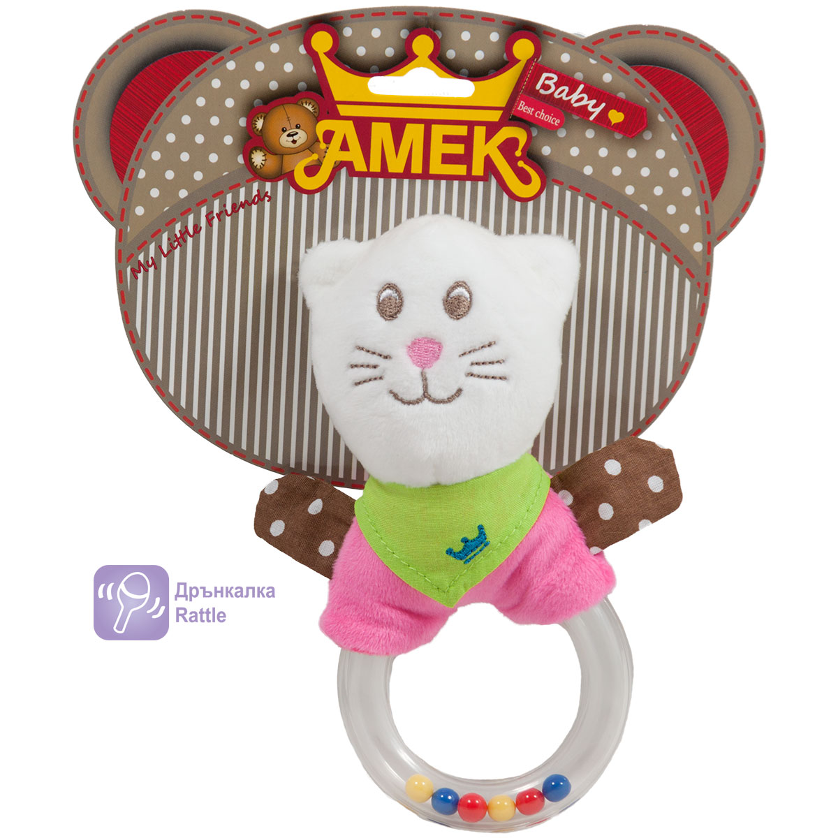Плюшена бебешка дрънкалка с ринг Коте, 16см