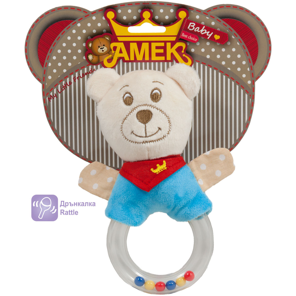 Плюшена бебешка дрънкалка с ринг Мече 16 см