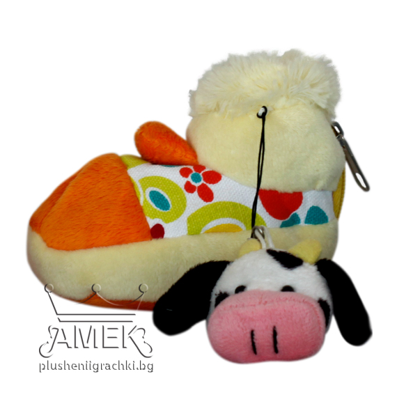 Плюшено портмоне ботушче с висулкра кравичка Жълт 10 см