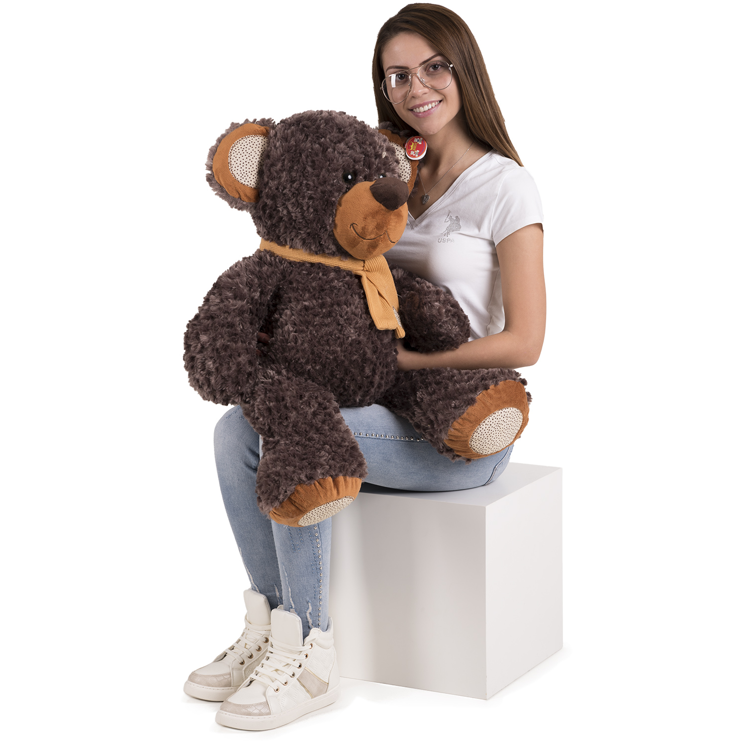 Плюшено мече с шал и кръпки Тъмно кафяв 60 см