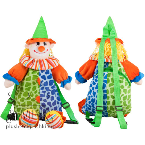 Плюшена шарена раница клоун Със зелена шапка 38 см