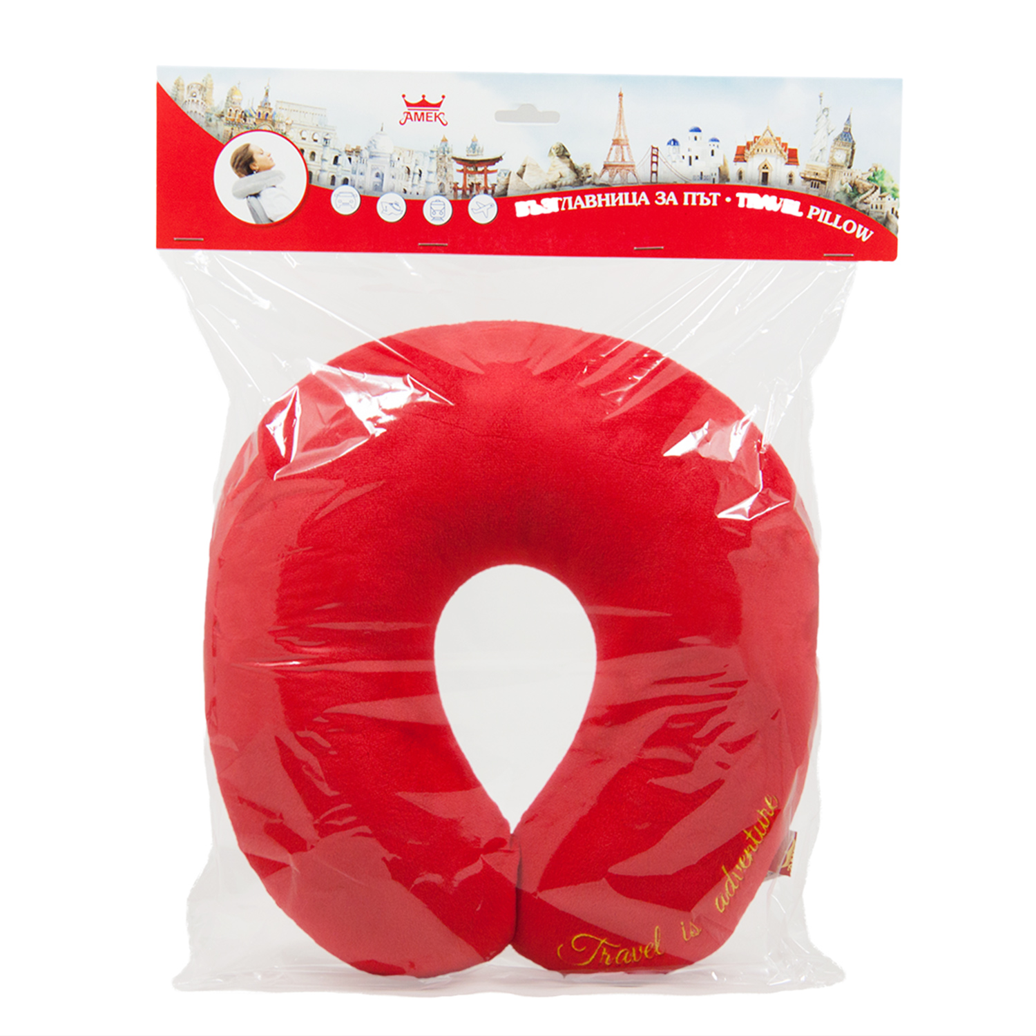 Възглавница за път /Travel is adventure/ Червен 26х30 см