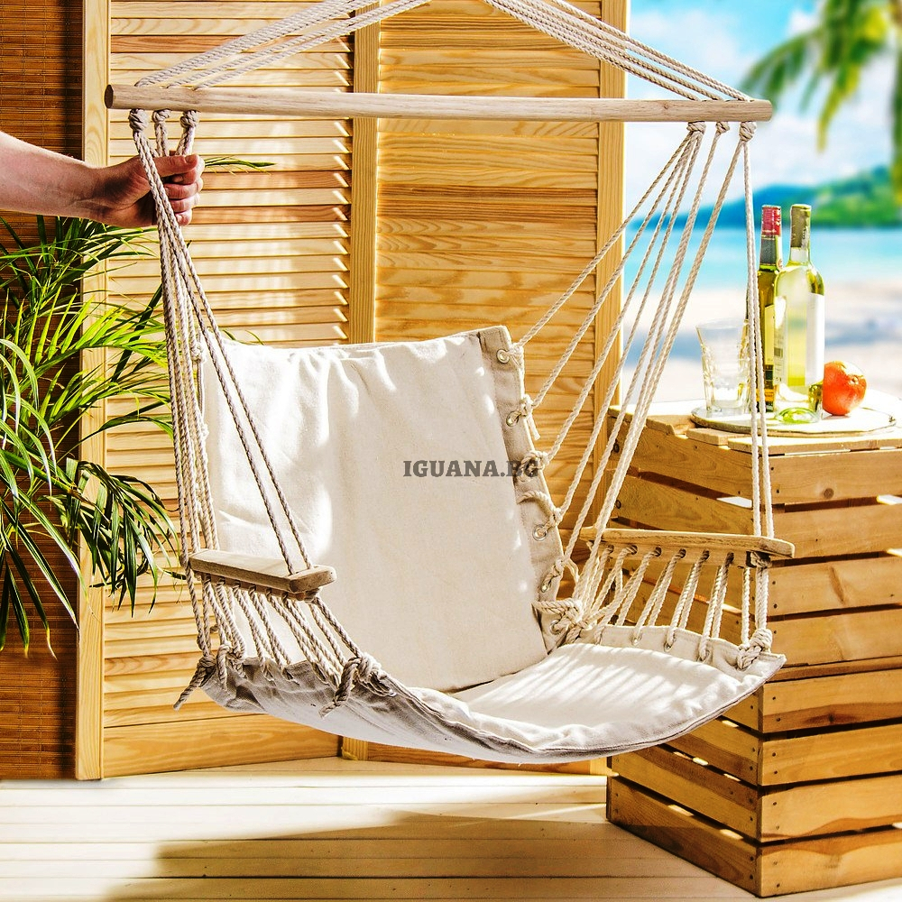 Люлка хамак с дървени подлакътници до 110кг, 55х50х100см, светло бежова  | IGUANA.BG
