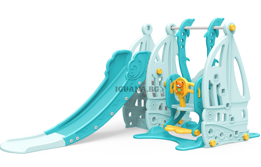 Детска Пързалка с Баскетболен кош и люлка COCO Синя, за деца до 40кг, дължина на улея 172см | Iguana.bg