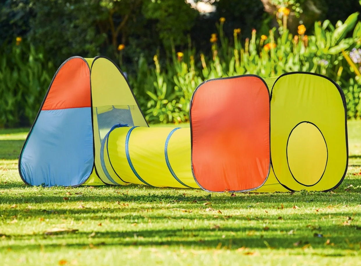 Палатка за игра с тунел 3в1, шарена, саморазгъваща се, 280х80х100см