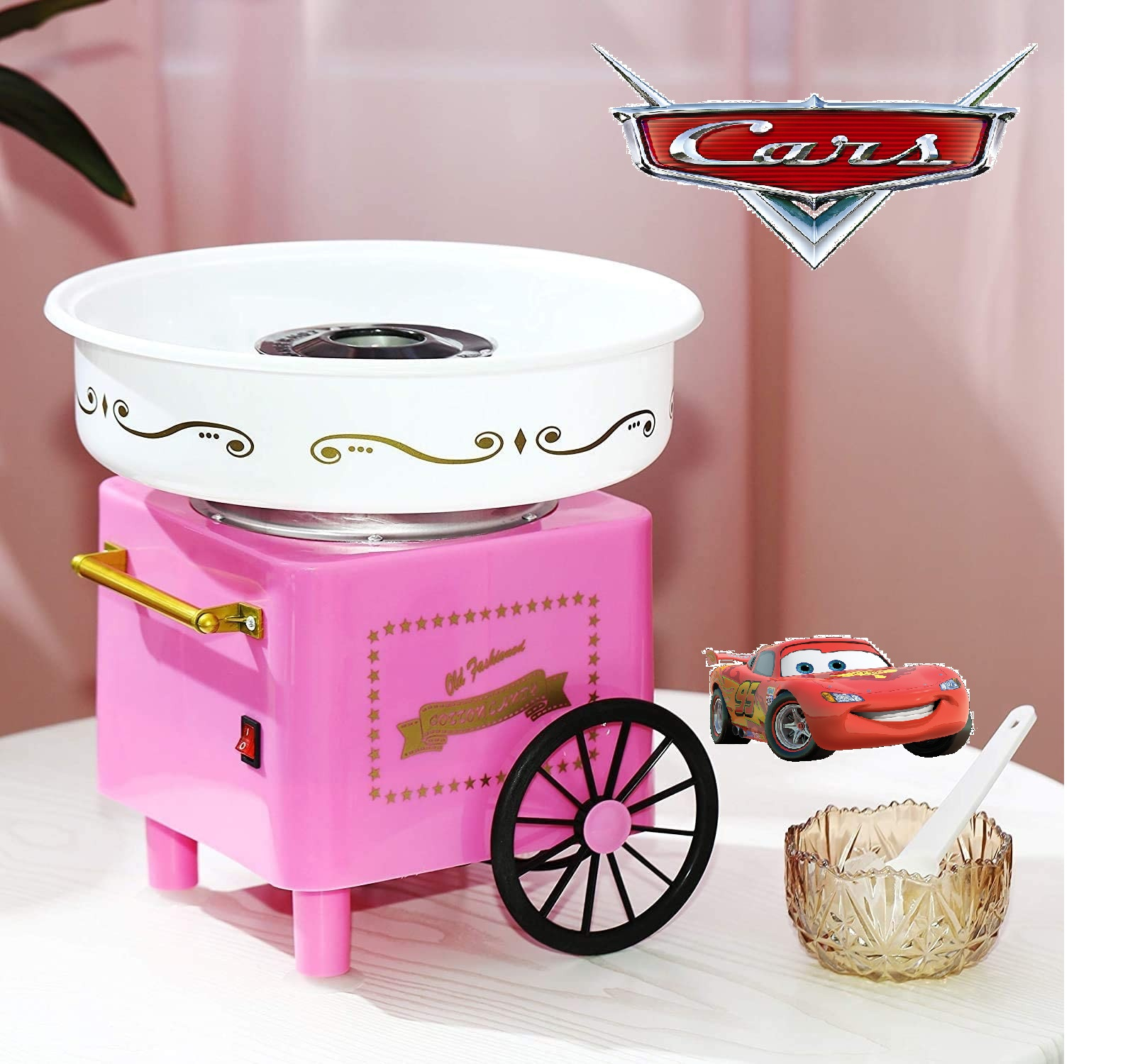 Машина за захарен памук, розова, 520W РЕТРО ДИЗАЙН , КОЛИТЕ МАККУИН THE CARS MCQUEEN