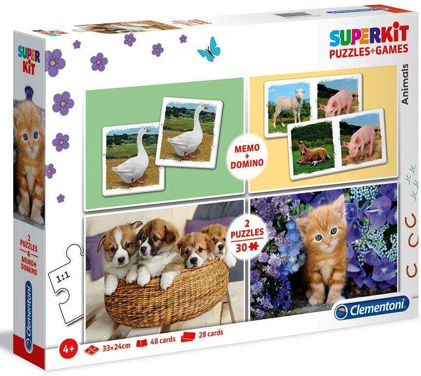 CLEMENTONI SUPERKIT Пъзел Animals/Животинчета 2в1, 2х30 части + Memo/Игра за памет и Dominо/Домино