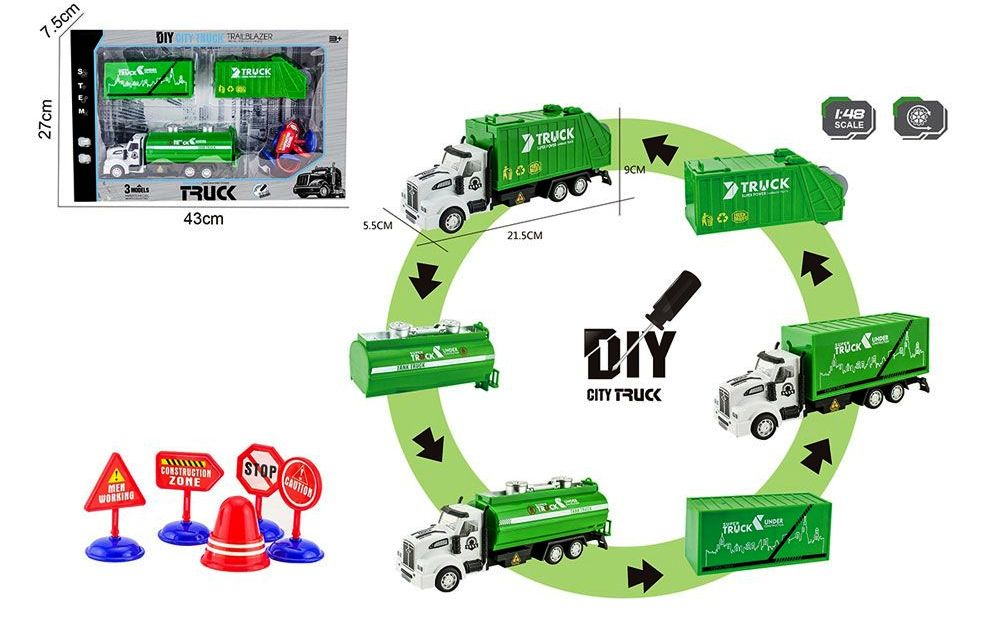 OCIE DIY City Truck Камион 1:48 със 3 вида сменящи се ремаркета, пътни знаци
