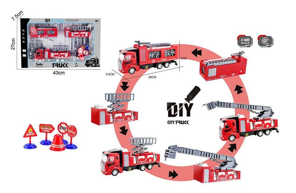 OCIE DIY City Truck Пожарна 1:48 със 3 вида сменящи се ремаркета, пътни знаци