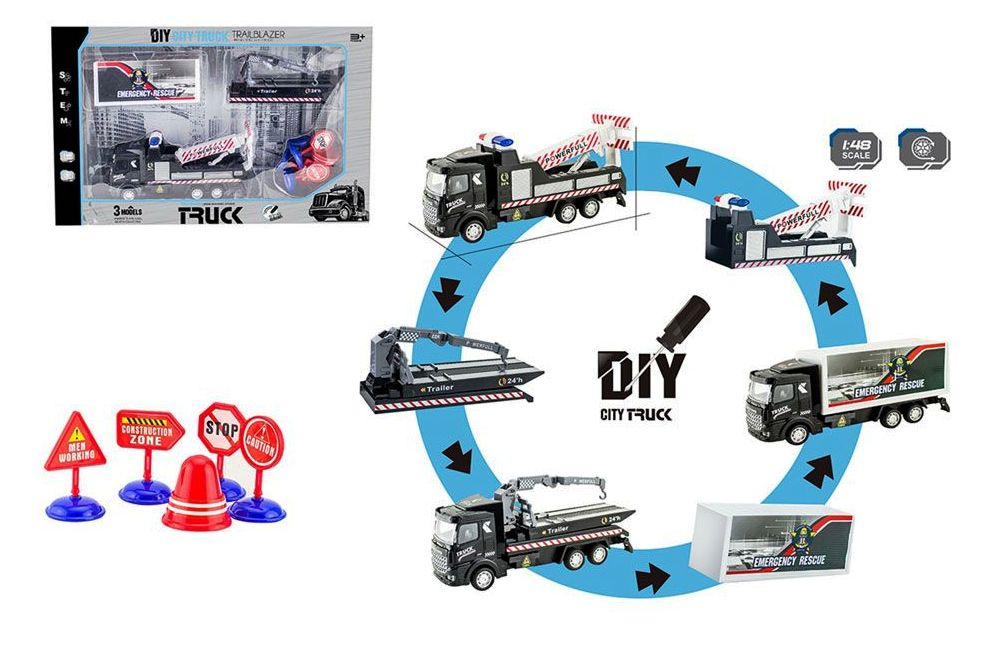 OCIE DIY City Truck Пътна помощ 1:48 със 3 вида сменящи се ремаркета, пътни знаци