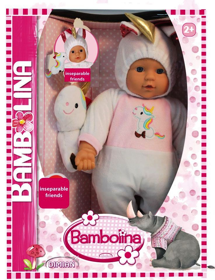 BAMBOLINA Кукла с меко тяло и костюм на еднорог и плюшена играчка еднорог, 41см