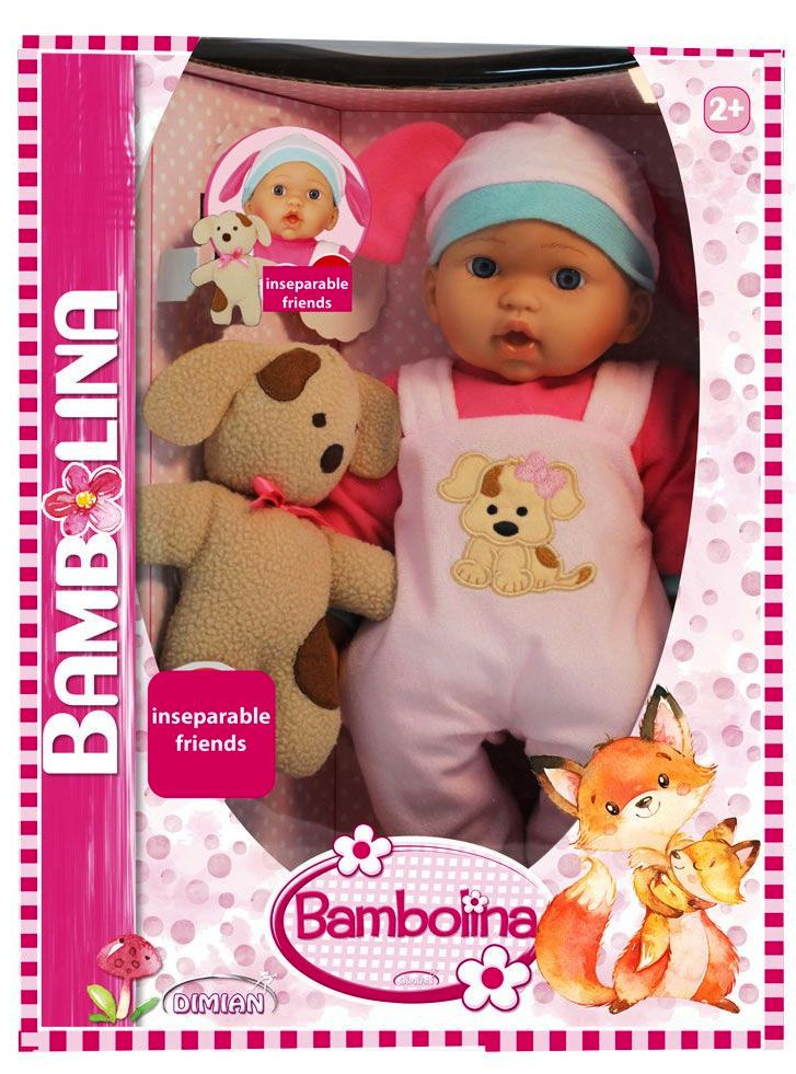BAMBOLINA Кукла меко тяло и костюмче кученце и с плюшена играчка кученце, 41см