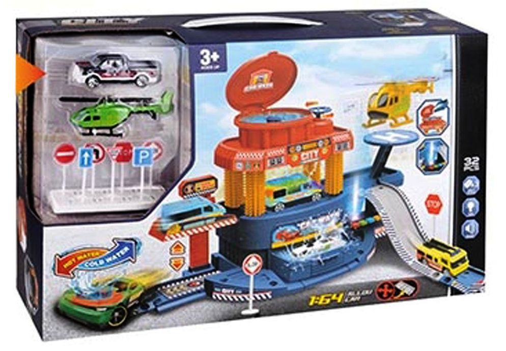 OCIE Six Six Zero Паркинг-автомивка на 3 нива с кола с променящ се цвят, хеликоптер и пътни знаци, 32 части