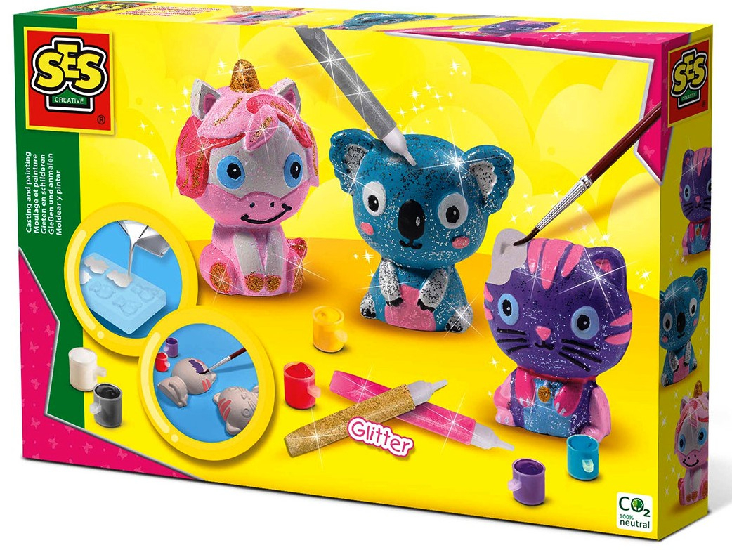 SES - Отливка от гипс, блестящи животни еднорог/ коала / коте + цветни боички