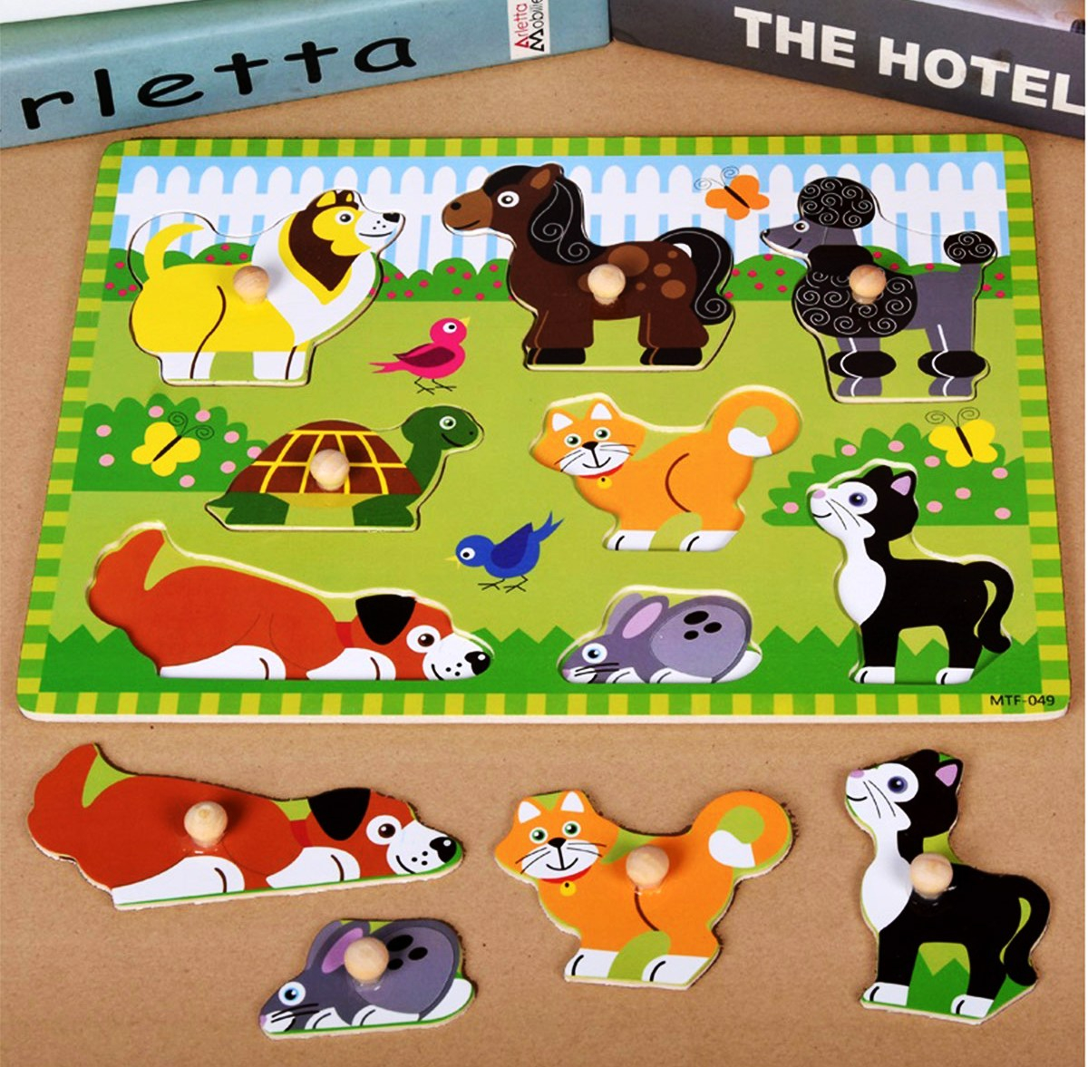 Дървен пъзел, 5 вида животни, строителни машини и сладкиши