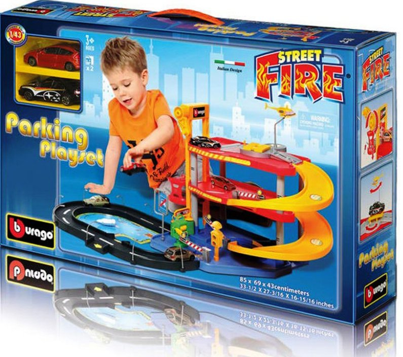 Bburago Street Fire - Паркинг/гараж на 3 нива с 2 броя коли, магистрала, бензиностанция, автомивка, асансьор