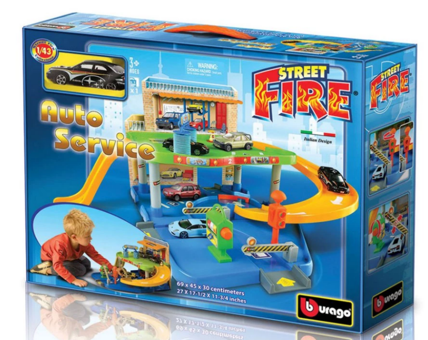 Bburago Street Fire - Автосервиз на 2 нива, бензиностанция, автомивка, сервиз и 1 количка Bburago