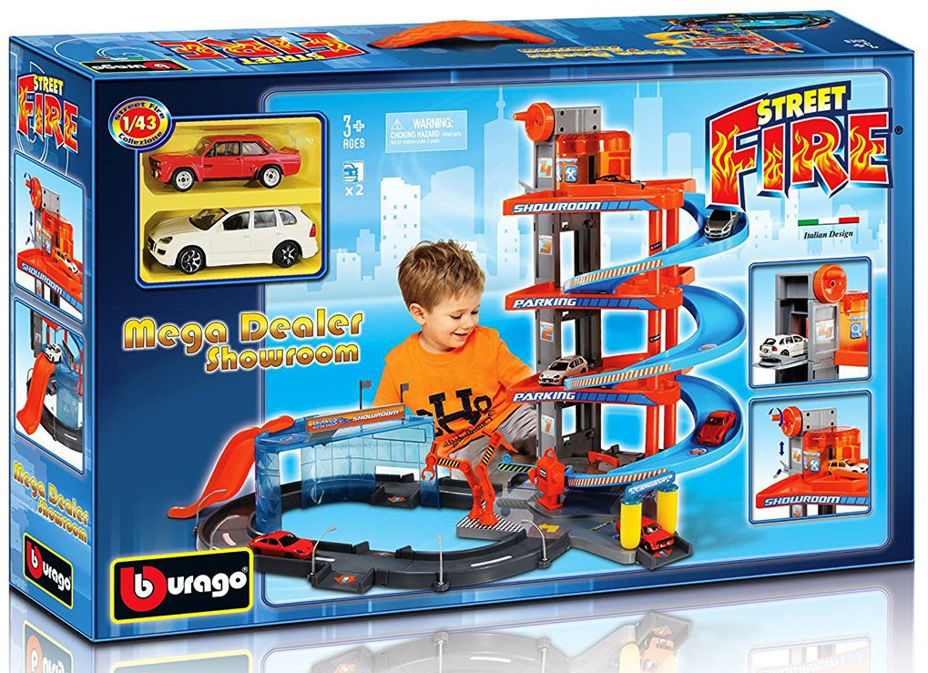 Bburago Street Fire - Паркинг/гараж на 3 нива, с 2 броя колички, асансьор , вдигащи се бариери, автомивка, изложбено пространство, осветление и колонка за гориво