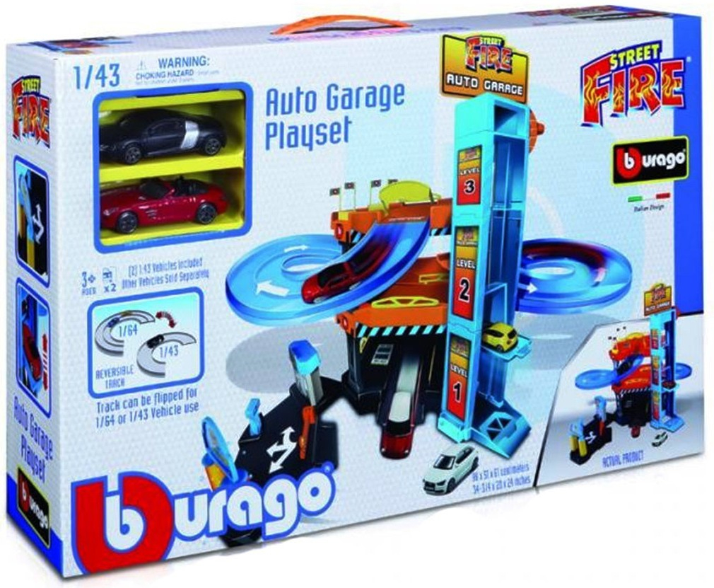 Bburago Street Fire - Гараж/Паркинг на 3 нива с автомивка, бензиностанция, асансьор и 2 броя количка