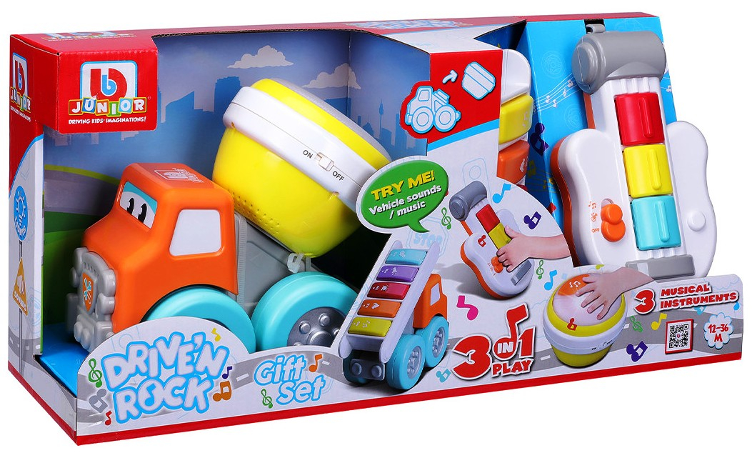 Bburago Junior - Комплект Drive 'N Rock строителeн камион със звук, с 3 инструмента