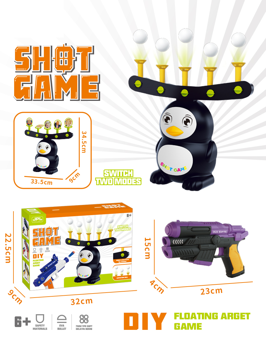 Hover Shot Пистолет с 6 меки стрели, въздушна мишена с 10 летящи топчета, Пингвин