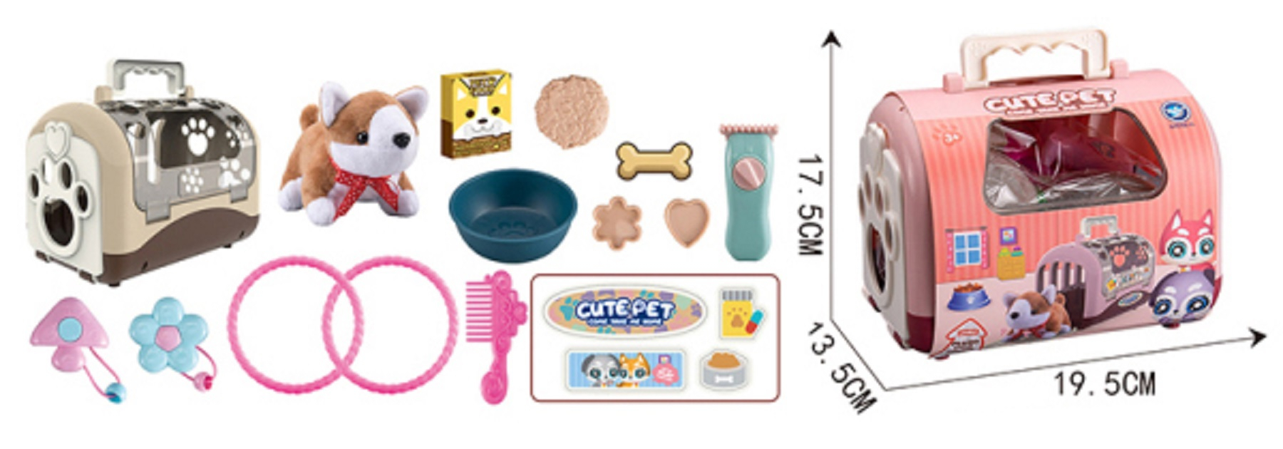 Плюшено кученце в преносима клетка + аксесоари, 2 цвята